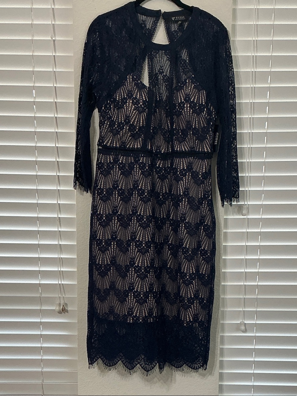 GUESS Navy Blue Lace Illusion Midi Dress with Eyelash Trim NWT Size 14